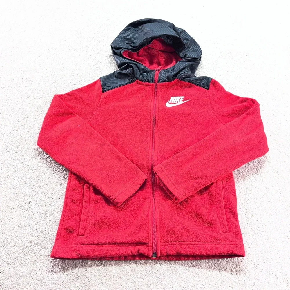 Nike Fleece Zip Hoodie Kids Large Red Black Sporty Full Zip Jacket